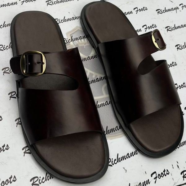 Premium Men's Leather Buckle Slide – Dark Brown