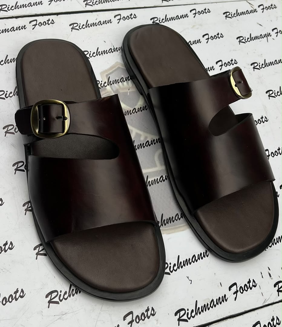 Girls follow me Premium Men's Leather Buckle Slide – Dark Brown - Image 1